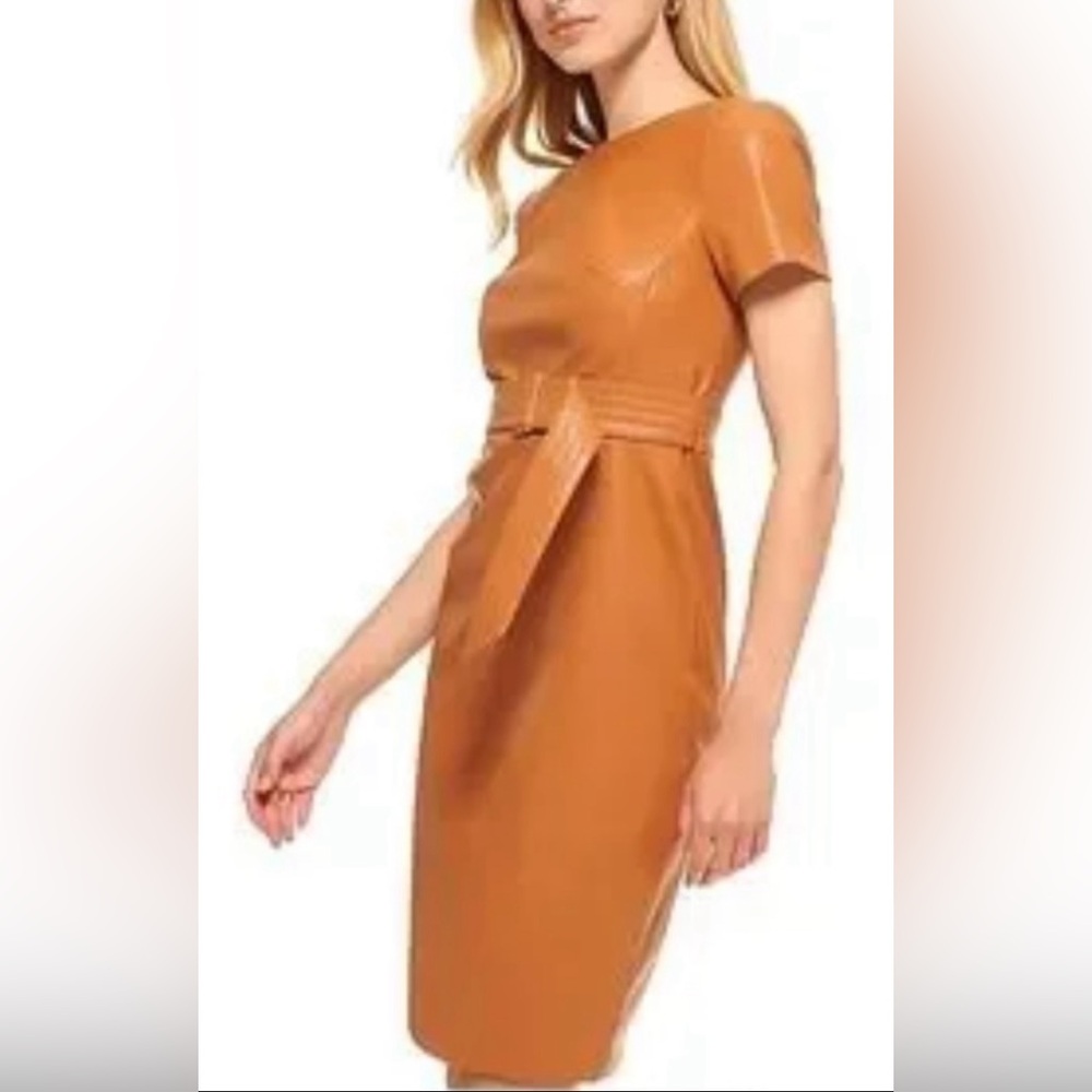 NWT Calvin Klein Faux Leather Belted Sheath Dress
